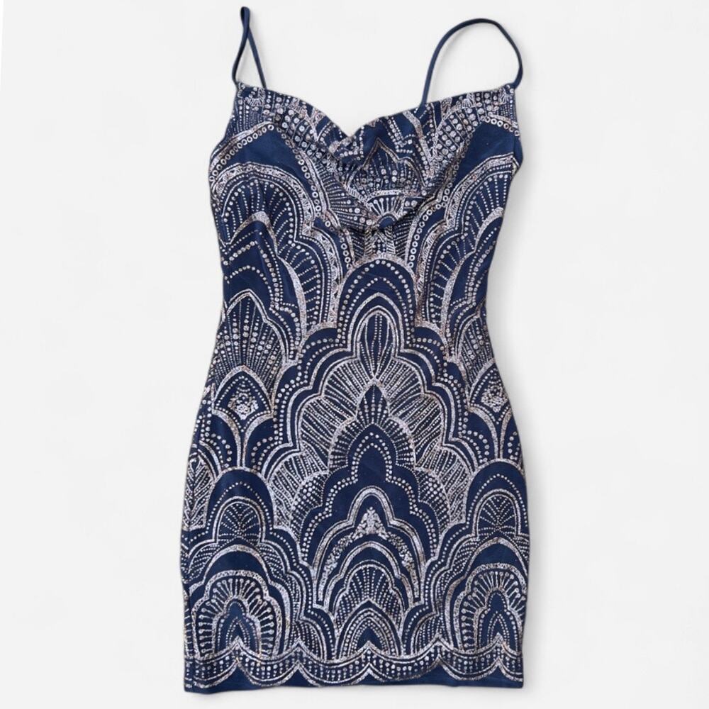 Jump Vintage Y2K Purple and Gold Glitter Mini Cowl Neck Clubbing Dress